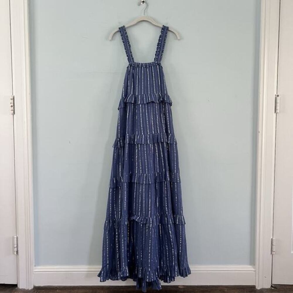 NWT Bindu Melita Navy Blue Metallic Stripe Cotton Maxi Dress - Picture 2 of 6